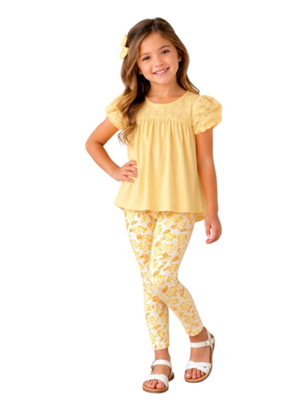 Janie and Jack Yellow Eyelet Top Floral Leggings Set Girls Size 7
